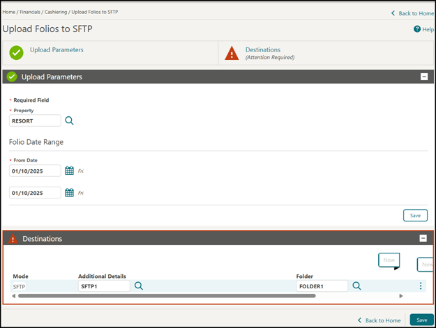 The Upload Folios to SFTP screen with the Destinations folder option. The Upload Folios to SFTP screen with the Destinations folder option.