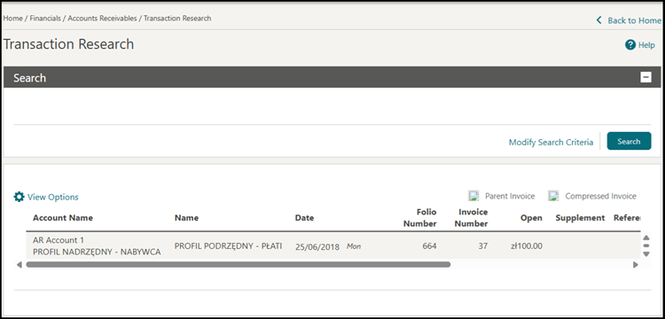 The AR Transaction Research screen showing the matching account invoice. The AR Transaction Research screen showing the matching account invoice.