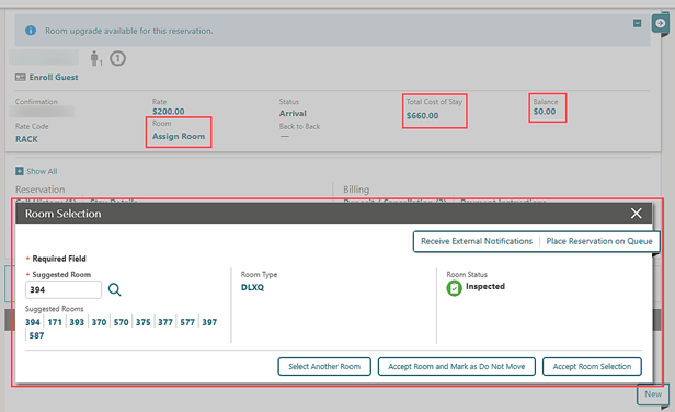 A reservation showing the Total Cost of Stay and Balance fields with Assign Room link Room Selection panel. A reservation showing the Total Cost of Stay and Balance fields with Assign Room link Room Selection panel.