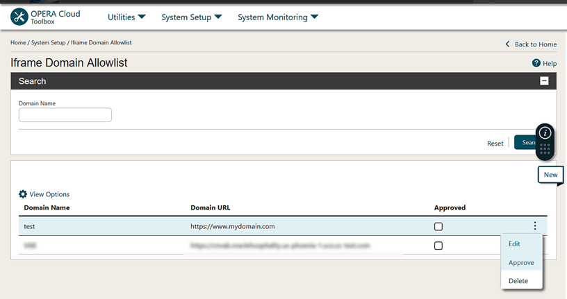 The Iframe Domain Allowlist screen with a record showing Domain Name, Domain URL, and Approved columns. The Iframe Domain Allowlist screen with a record showing Domain Name, Domain URL, and Approved columns.