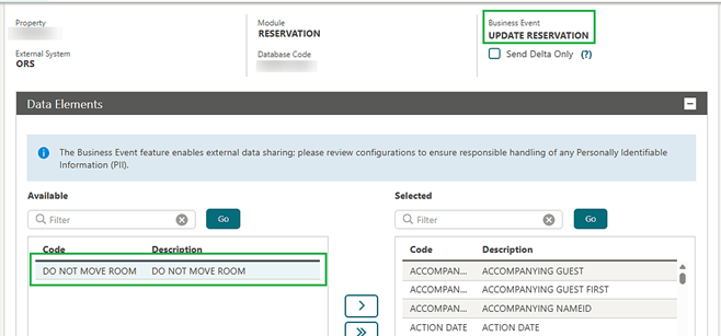 The Business Event as Update Reservation, with the Data Elements shuffle window showing Do Not Move Room. The Business Event as Update Reservation, with the Data Elements shuffle window showing Do Not Move Room.