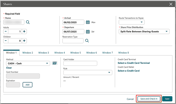 The Shares screen showing the Save and Check In button. The Shares screen showing the Save and Check In button.