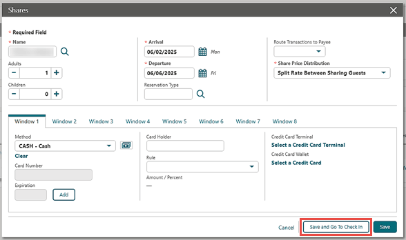 The Shares screen showing the Save and Go To Check In button. The Shares screen showing the Save and Go To Check In button.