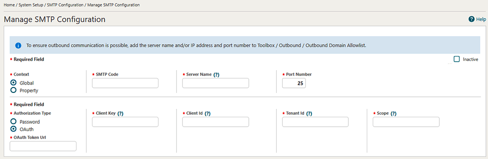 The Manage SMTP Configuration screen showing the OAuth option and OAuth Token Url field. The Manage SMTP Configuration screen showing the OAuth option and OAuth Token Url field.