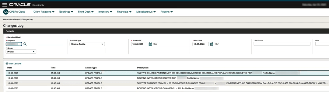 The Changes Log showing action type 'Update Profile'. The Changes Log showing action type 'Update Profile'.