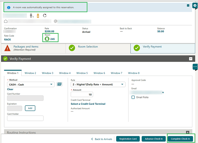 The automatic room assignment message and screen showing the Complete Check In button. The automatic room assignment message and screen showing the Complete Check In button.