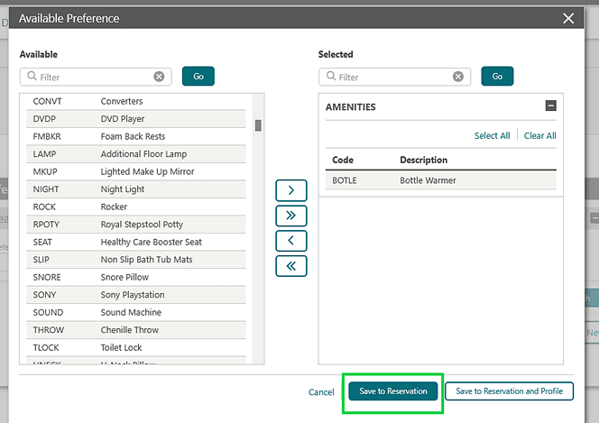 The Available Preference screen showing the Save to Reservation button. The Available Preference screen showing the Save to Reservation button.