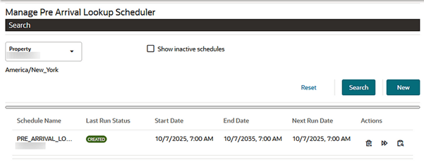 The PreArrival Lookup Scheduler screen showing the schedule name, last run status, and start, end, and next run dates. The PreArrival Lookup Scheduler screen showing the schedule name, last run status, and start, end, and next run dates.
