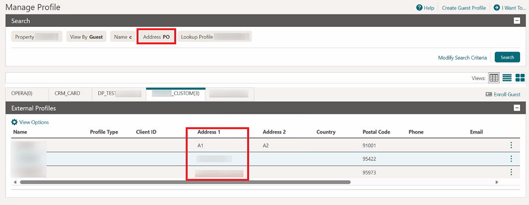 The Manage Profile screen showing the Address PO search option and the Address 1 column.