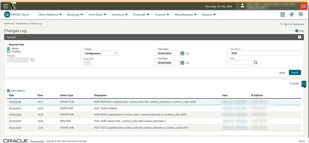The Changes Log showing HUB change actions.