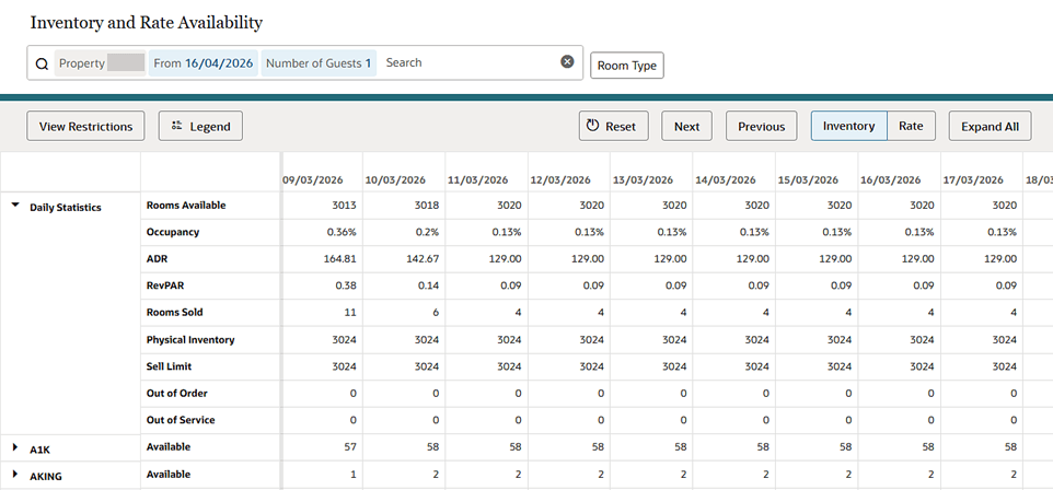 The Inventory and Rate Availability screen with inventory, rates, and restrictions.