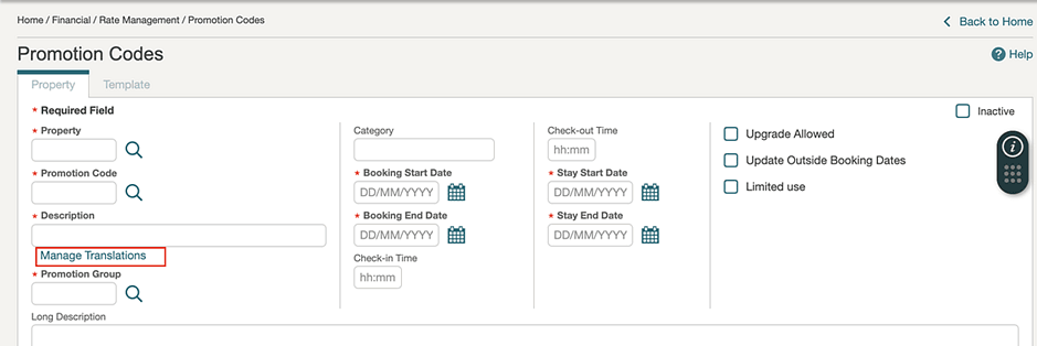 The Promotion Codes screen showing the Manage Translations link.