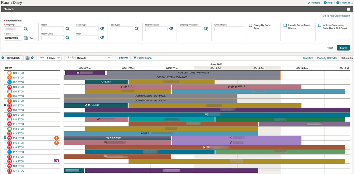 A sample Room Diary showing Oracle Redwood colors including the Nimbus gray default for OOO and OOS designated rooms.