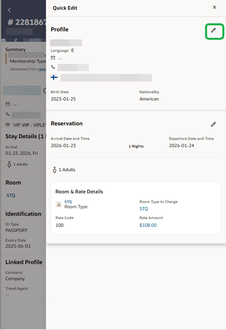 Reservation Quick Edit screen with Profile edit option.