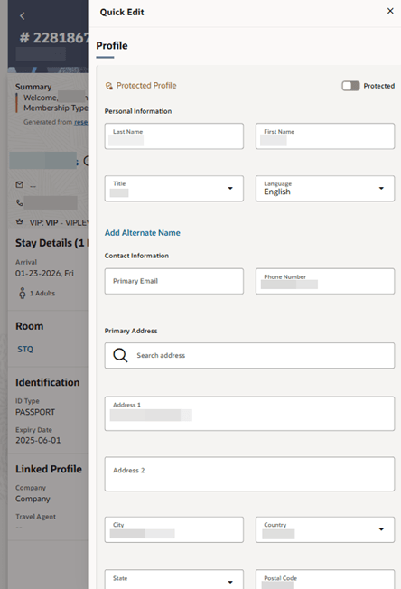 Reservation Quick Edit Profile information editing screen.