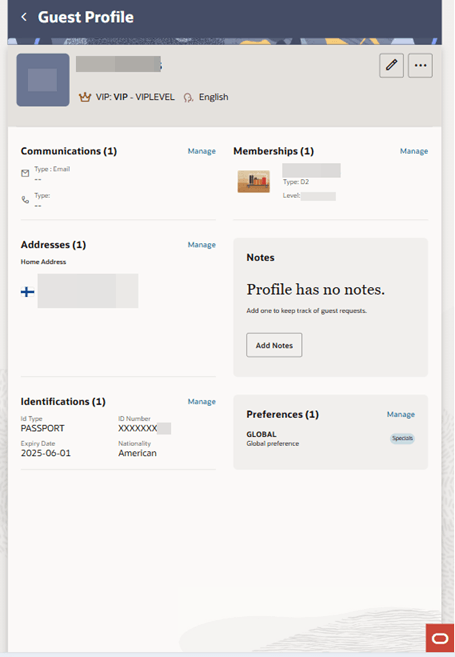 Guest Profile screen with one of each: Communications, Memberships, Addresses, Notes, Identifications, and Preferences.