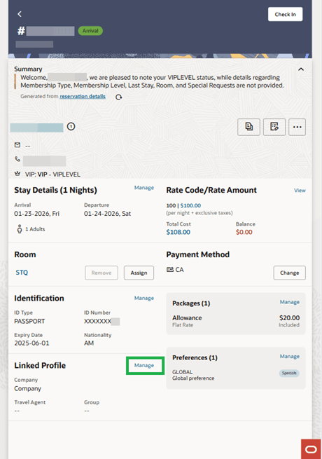 Reservation Profile showing the Linked Profile Manage option.