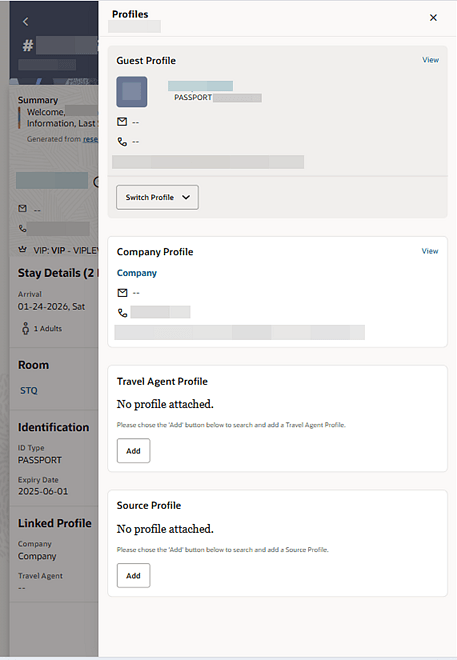 Reservation Profile Linked Profiles screen showing Guest Profile and 3 linked profiles.