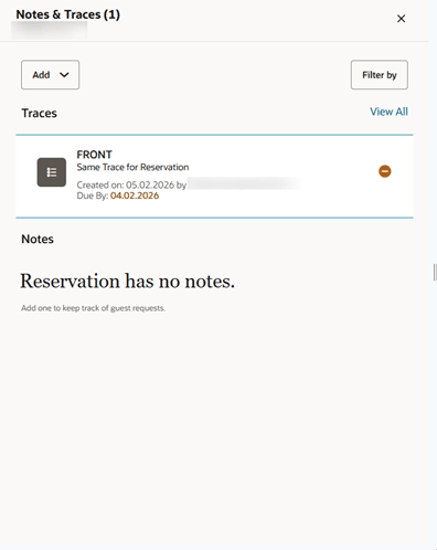 Notes & Traces screen showing Reservation has a new pending trace, and no notes.