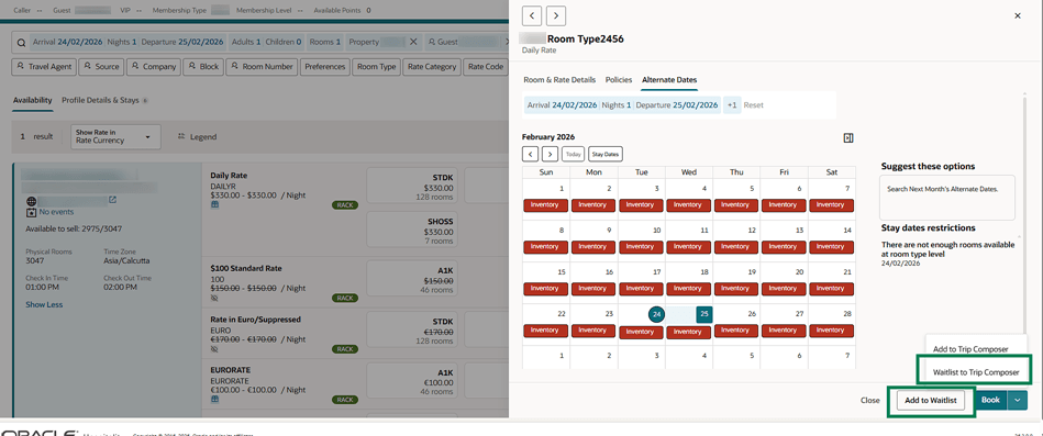The Alternate Dates calendar showing the Waitlist to Trip Composer and Add to Waitlist buttons.