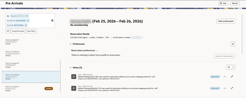 The Pre Arrivals screen showing a list of Arrival reservations, the one highlighted showing Preferences and Notes sections.