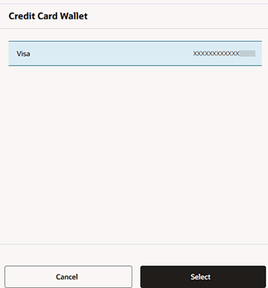 Credit Card Wallet screen with an existing selected credit card line item.