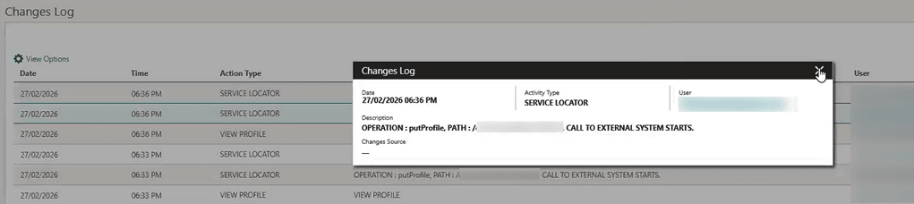 The Changes Log screen showing a Service Locator change action.