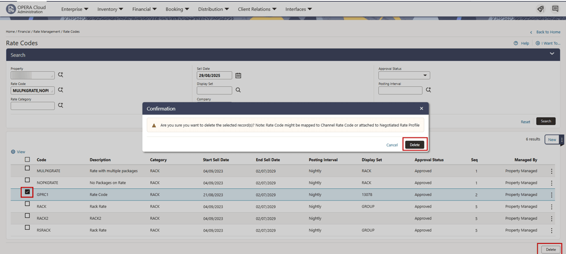 Rate Codes screen with individual row checked and Delete button. Rate Codes screen with individual row checked and Delete button.