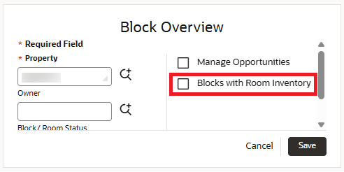 Block Overview dashboard tile with the Blocks with Room Inventory checkbox. Block Overview dashboard tile with the Blocks with Room Inventory checkbox.