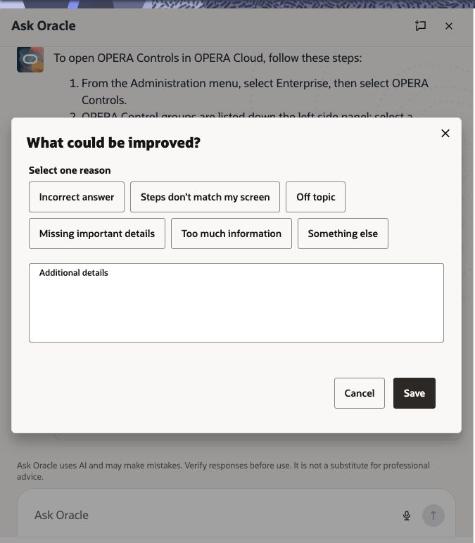 Ask Oracle negative feedback form with feedback reasons and an additional details field. Ask Oracle negative feedback form with feedback reasons and an additional details field.
