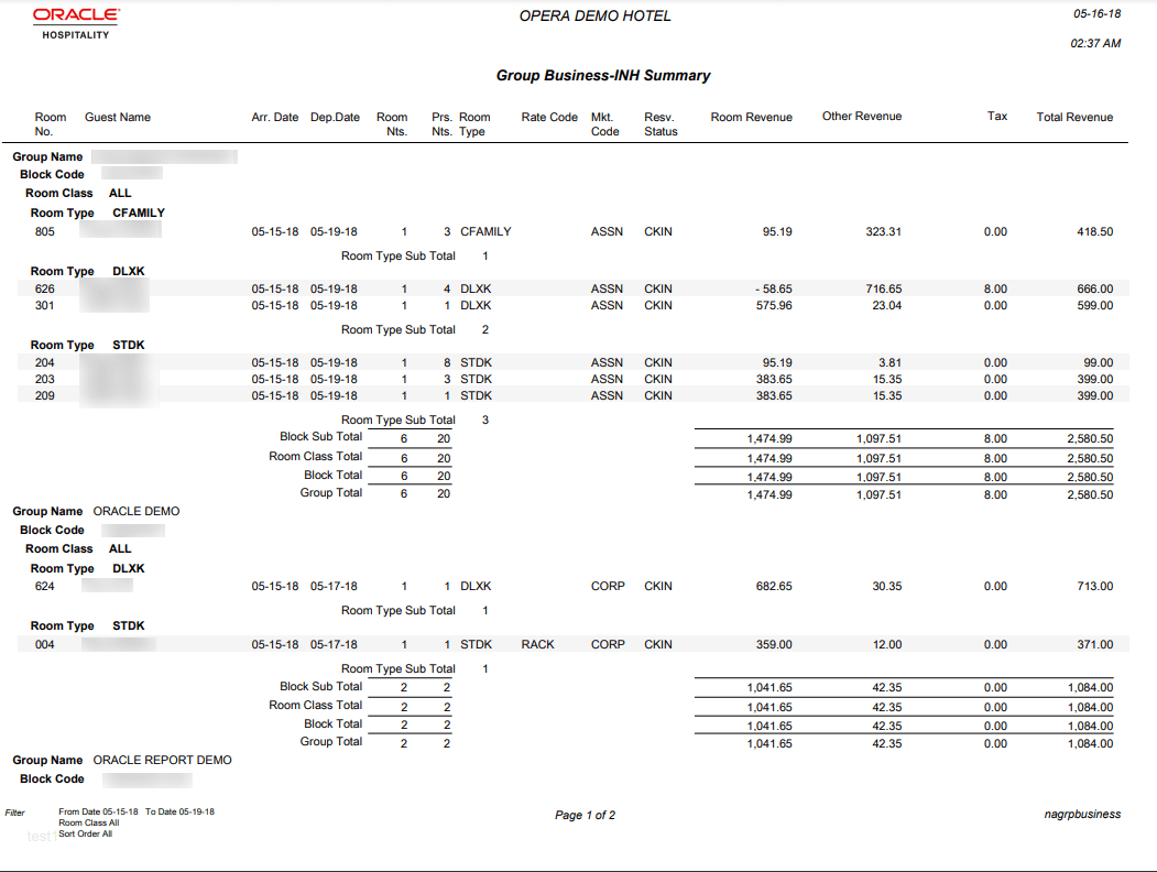 The report page 1 image shows the following columns: Room No. Guest Name, Arr. Date, Dep. Date, Room Nts., Prs Nts., Room Type, Rate Code, Mkt. Code, Resv. Status, Room Revenue, Other Revenue, Tax, and Total Revenue. The report page 1 image shows the following columns: Room No. Guest Name, Arr. Date, Dep. Date, Room Nts., Prs Nts., Room Type, Rate Code, Mkt. Code, Resv. Status, Room Revenue, Other Revenue, Tax, and Total Revenue.
