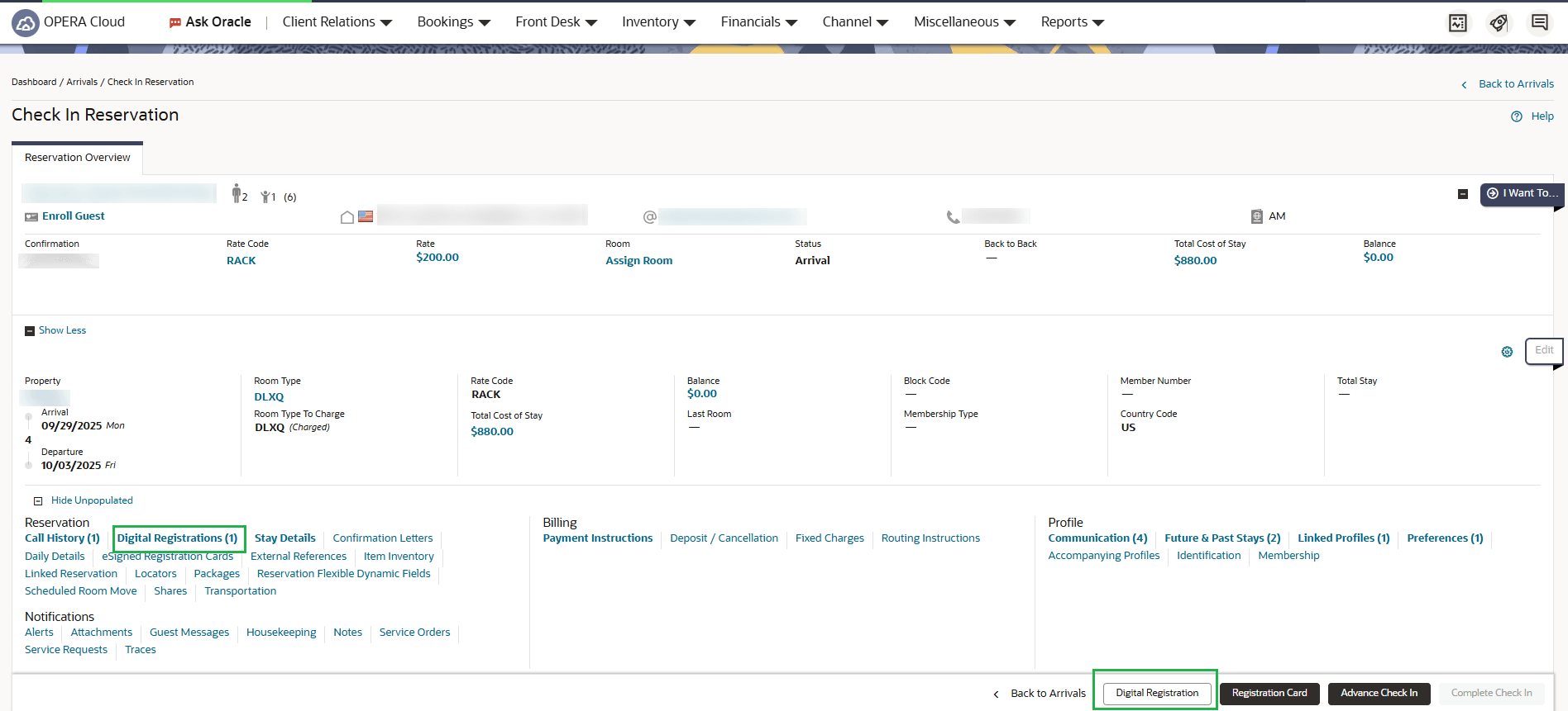 Check In Reservation screen showing Digital Registrations link and bottom button. Check In Reservation screen showing Digital Registrations link and bottom button.