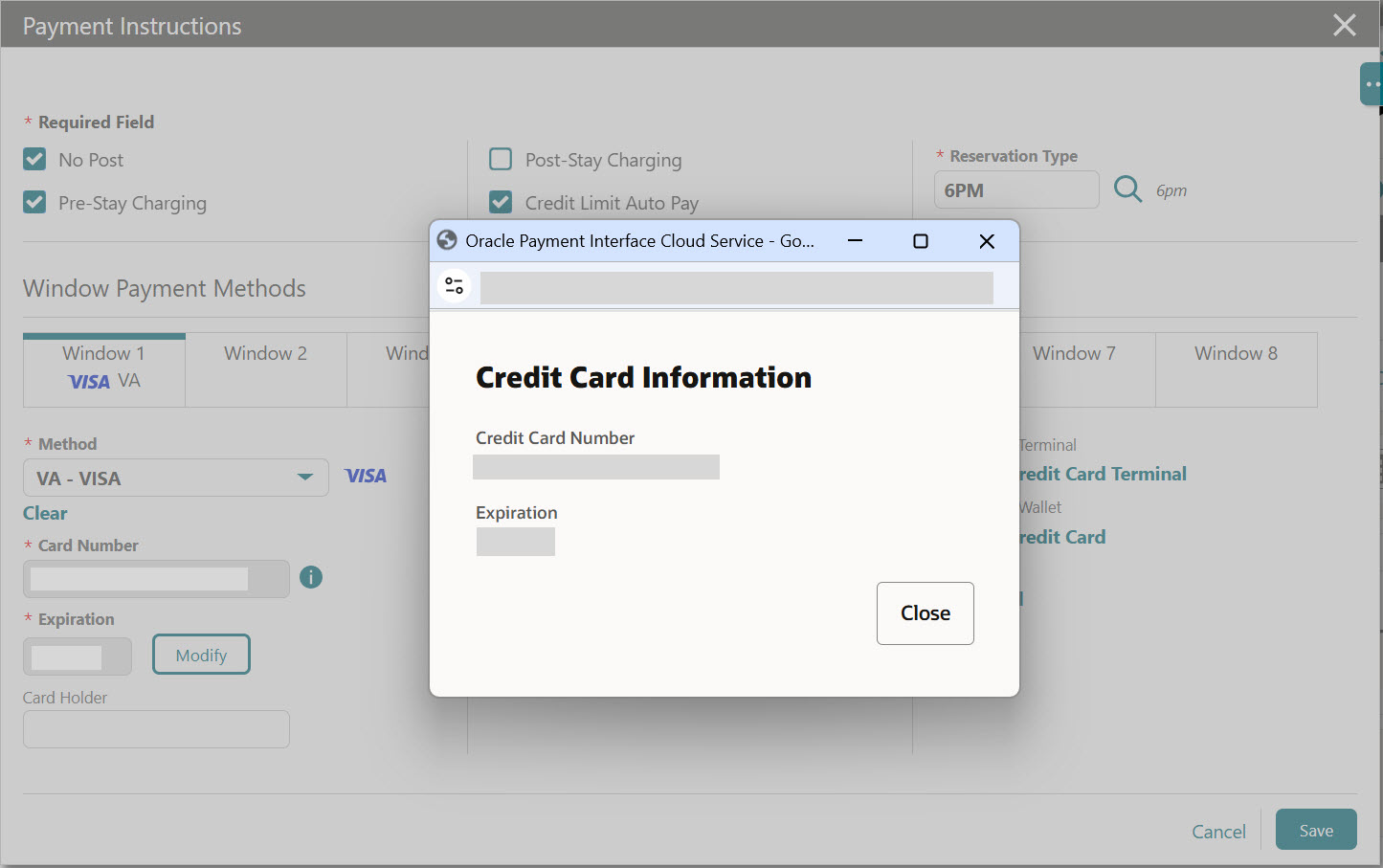 This image shows the OPI Cloud popup window to view credit card details. This image shows the OPI Cloud popup window to view credit card details.
