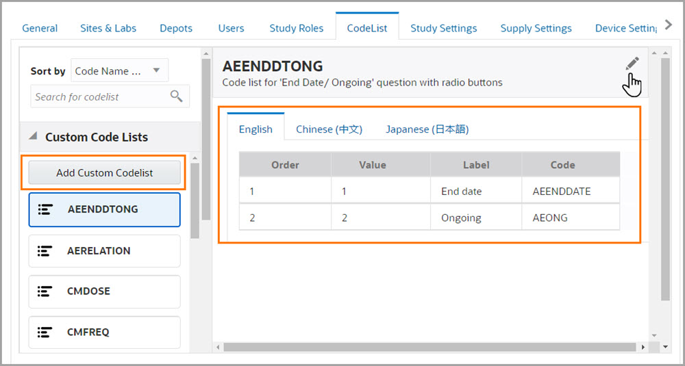 A custom study code list is a code list only available within a single study.