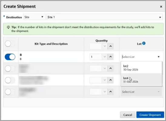 Screen shot of the new lot details on the Create Shipment dialog Screen shot of the new lot details on the Create Shipment dialog