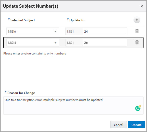 The Update Subject Numbers dialog box pops-up on the screen after you click Update Subject Numbers.
