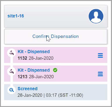 Confirm dispensation button is a grey button placed on the right of the screen, in the Subject History pane