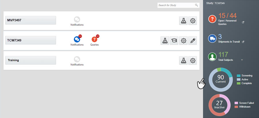 The study dashboard is a new dark gray pane displayed on the right side of the browser page