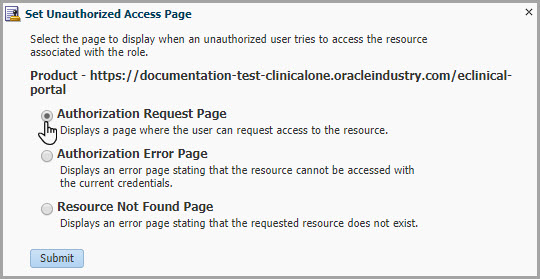 The Authorization Request Page option appears in the Set Authorization Request Page dialog box