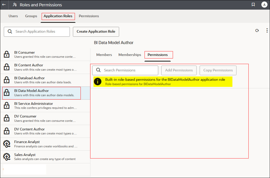 Permissions tab for a predefined application role Permissions tab for a predefined application role