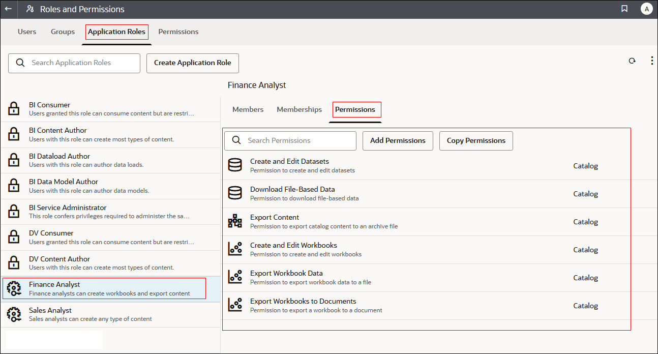 Permissions tab for a user-defined application role Permissions tab for a user-defined application role