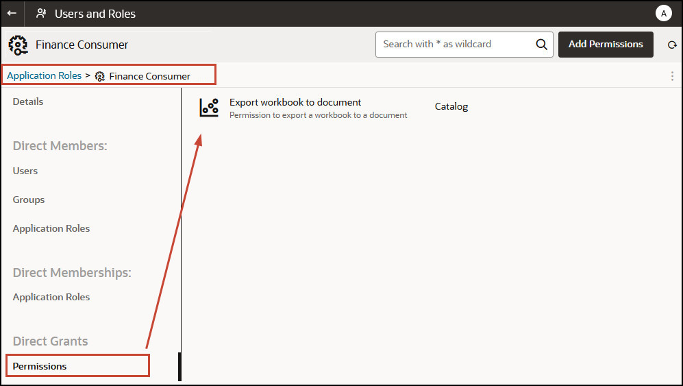 Permissions tab for a user-defined application role