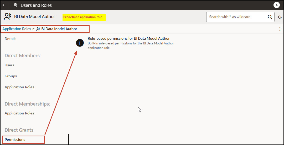 Permissions tab for a predefined application role