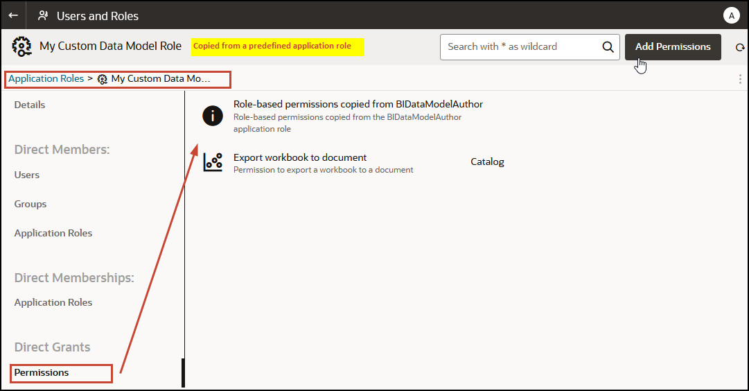 Permissions tab for an application copied from a predefined application role