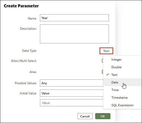 Data type selection options