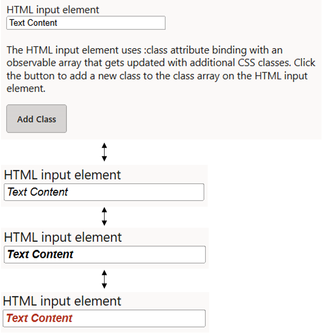 This image contains a button and four instances of an HTML input element, whose text is shown to change from plain text, to italics, to bold italics, and lastly to pink, bold italics. This image contains a button and four instances of an HTML input element, whose text is shown to change from plain text, to italics, to bold italics, and lastly to pink, bold italics.