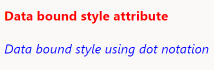 This image contains two lines of text, the first of which reads “Data bound style attribute” and is red and bold. The second line of text reads “Data bound style using dot notation” and is blue and italicized.