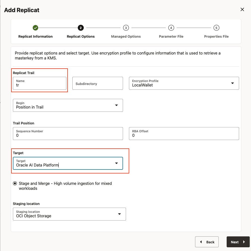 Provide Replicat Options and Select Target