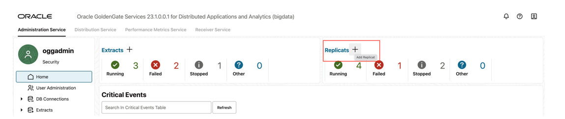 Go to Administration Service and click + sign to add a replicat.