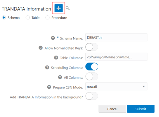 Adding TRANDATA using the plus sign